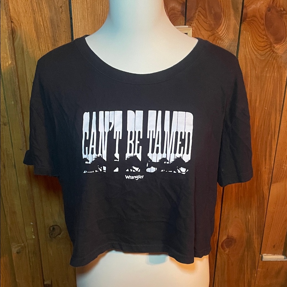 Wrangler Black Crop Tee with White 'Can't Be Tamed' Graphic